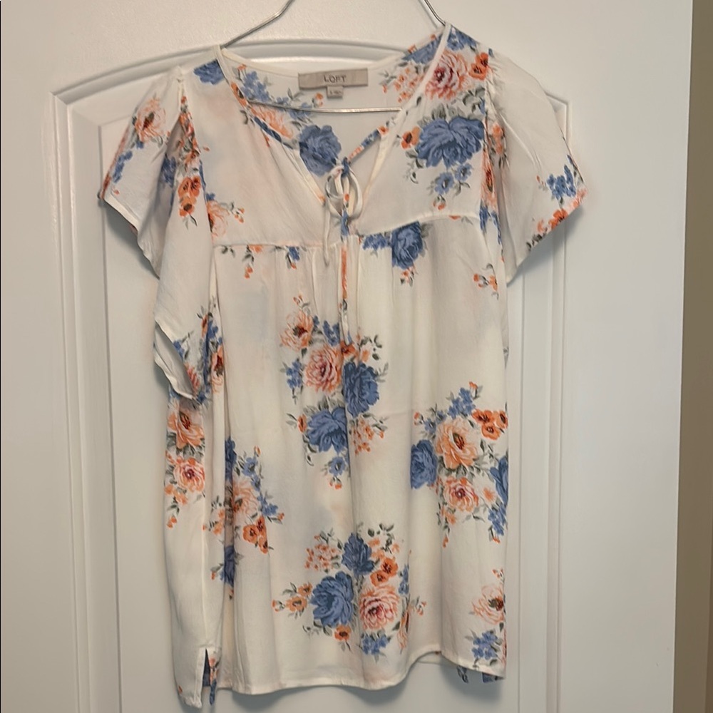 LOFT White and Blue Tie Front Blouse